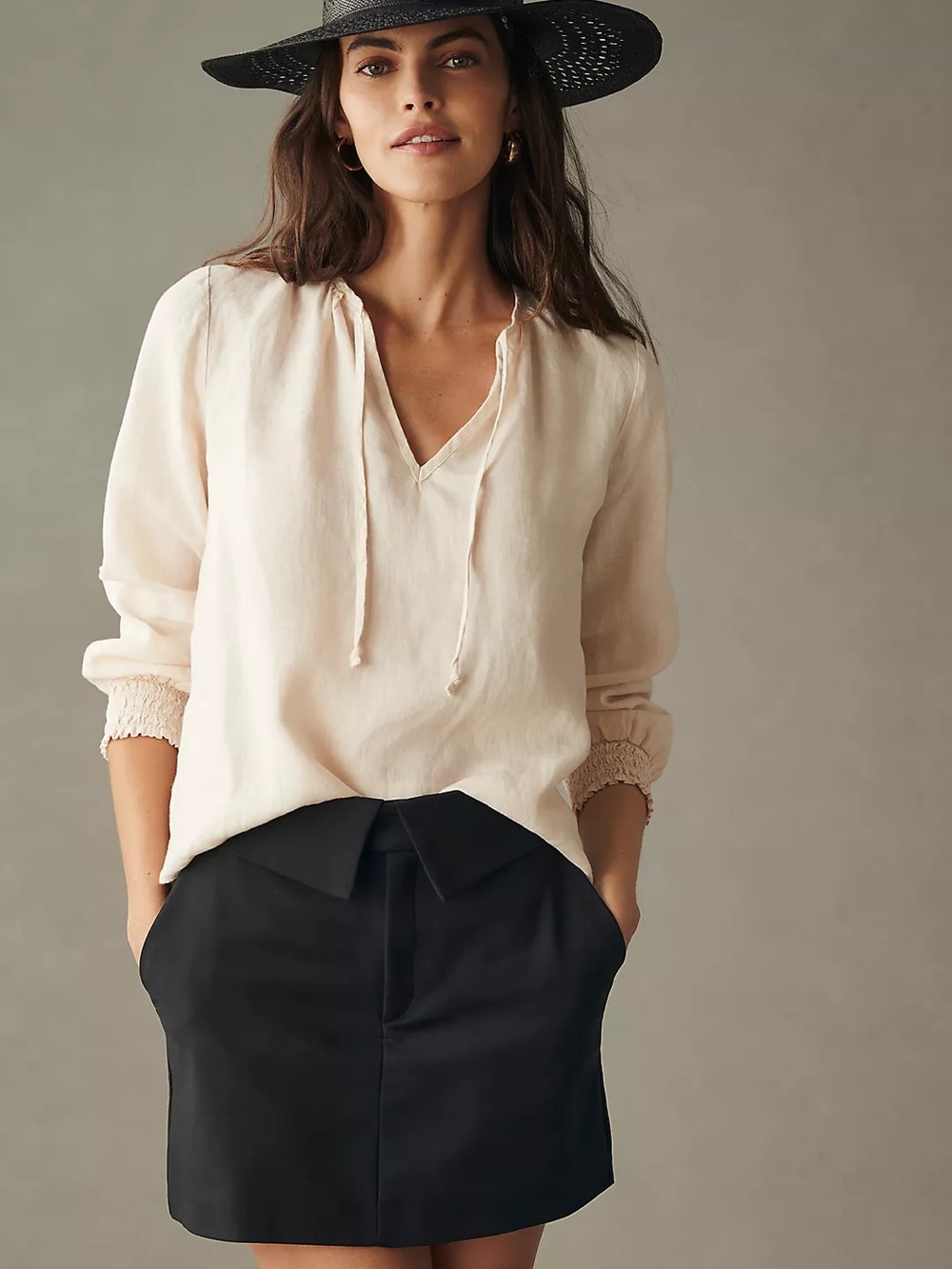 Anthropologie Cloth & Stone Peach 100% Linen Tie-Neck Peasant Blouse M